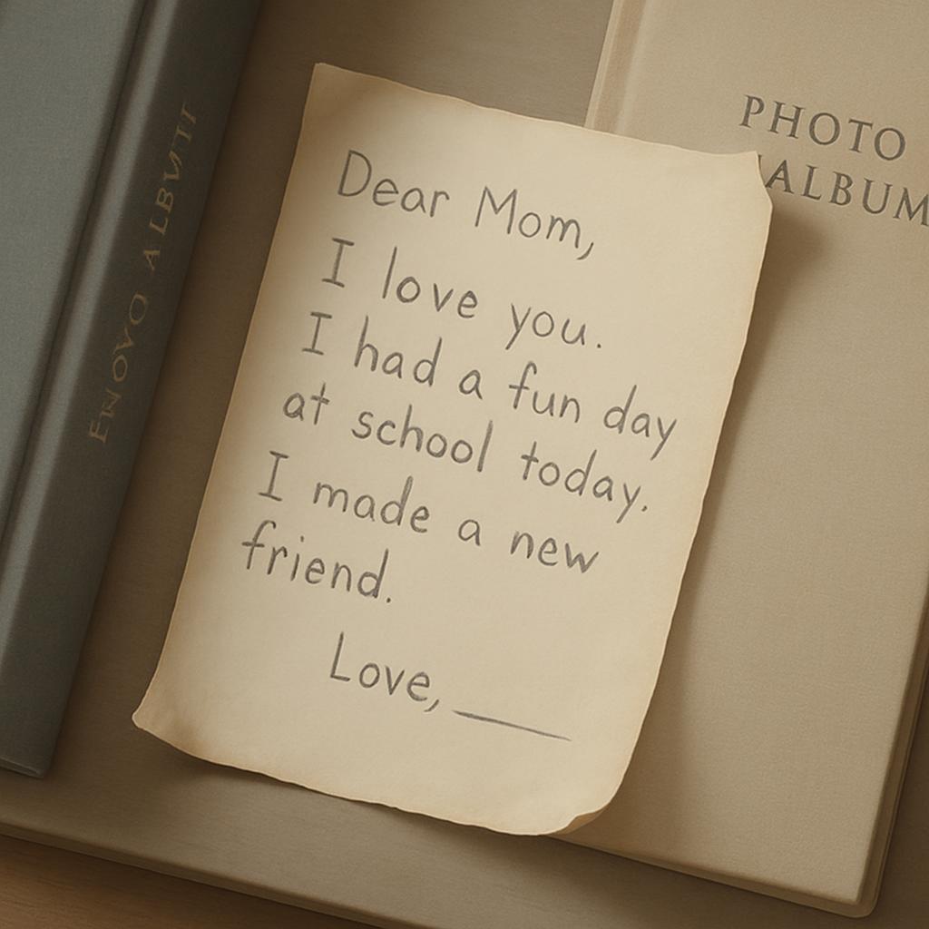 Photo album. Note with handwritten text open in photo album.