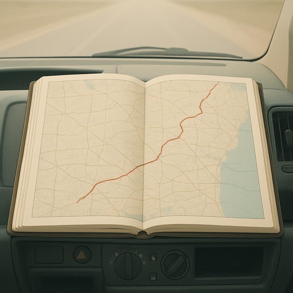 A map in a book riding in a truck with the background blurred and the road curving off towards the end.
