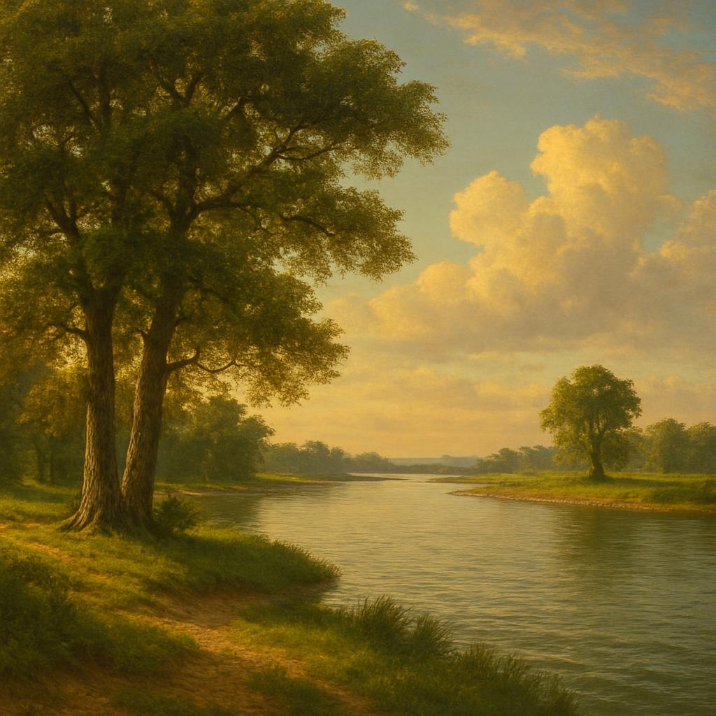A serene landscape of a wide, slowly-flowing pond surrounded by grassy banks, tall trees and lush vegetation.